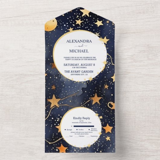 Mystieke Middernachtblauw en Goud Aquarel Bruiloft All In One Uitnodiging (Binnen)