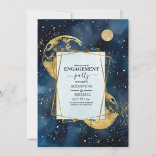 Mystieke Middernachtblauw Goud Aquarel Verlovingsu Kaart