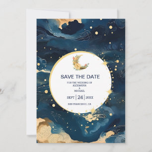 Mystieke Middernachtblauwe en Gouden Waterverf Bru Save The Date