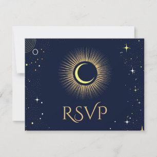 Mystieke Navy Celestial Stars Maan Bruiloft RSVP Kaartje