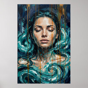 Mystieke Oceaan Godin Impasto Goud Druppel Kunst Poster