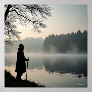 Mystieke ochtendnevel over het meer - Silhouette S Poster