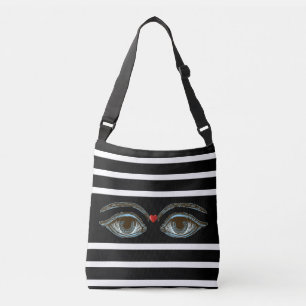 Mystieke ogen op zwart-wit gestreepte crossbody tas