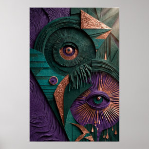 Mystieke Oracle Ogen Reliëf - 3D Smaragd Paars Poster