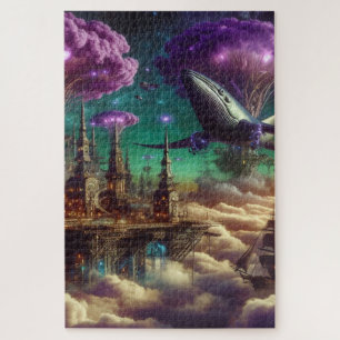 Mystieke Paarse futuristische fantasiestad Legpuzzel