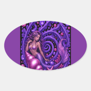 Mystieke Paarse Meermin Fantasie Kunst Magische Ovale Sticker