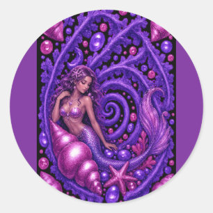 Mystieke Paarse Meermin Fantasie Kunst Magische Ronde Sticker