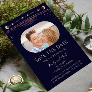 Mystieke Rainbow Navy Blue Sun Moon Star Space Save The Date