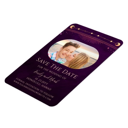 Mystieke Rainbow Plum Sun Moon Star Save The Date Magneet (Linkerzijde)