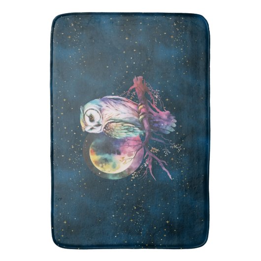 Mystieke Regenboog Uil en Volle Maan Celestial Badmat (Voorkant Verticaal)