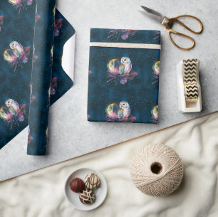 Mystieke Regenboog Uil en Volle Maan Celestial Cadeaupapier