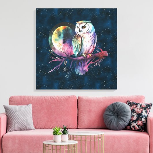 Mystieke Regenboog Uil en Volle Maan Celestial Canvas Afdruk (Insitu (Woonkamer))