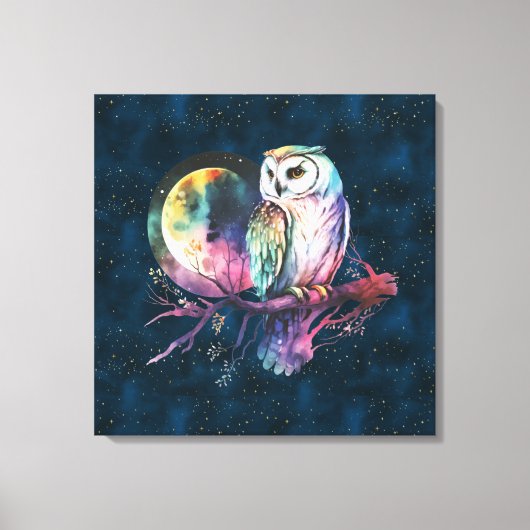 Mystieke Regenboog Uil en Volle Maan Celestial Canvas Afdruk (Voorkant)