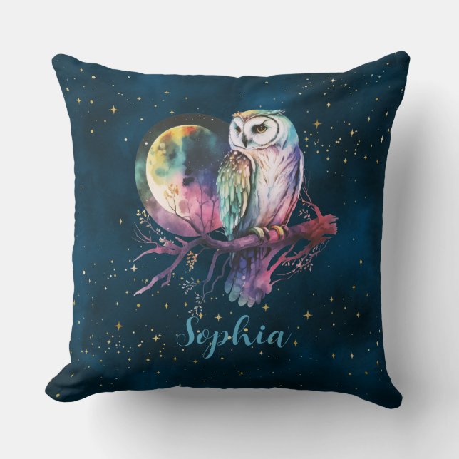 Mystieke Regenboog Uil en Volle Maan Celestial Kussen (Voorkant)