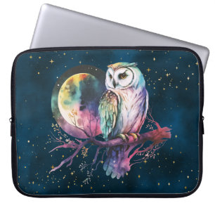 Mystieke Regenboog Uil en Volle Maan Celestial Laptop Sleeve