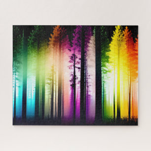 Mystieke regenboogkleurige silhouet zwarte bomen legpuzzel
