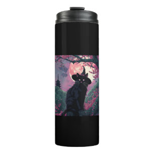 Mystieke Sakura Black Cat Witch Pet voor Halloween Thermosbeker