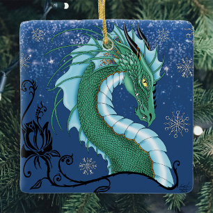 Mystieke Smaragd Ijsdraak Sneeuwvlokken Fantasie Keramisch Ornament