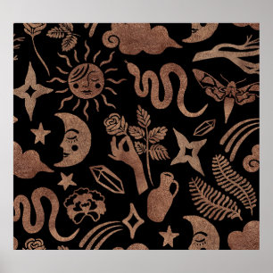 Mystieke symbolen: slang, zon, maan. poster