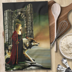 Mystieke Tovenares Wolf Bewaker Steen Portaal Theedoek
