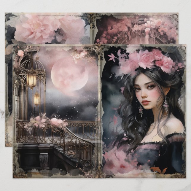 Mystieke Victoriaans Dame Roze Junk Journal Page (Voorkant / Achterkant)