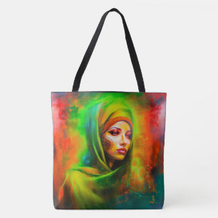 Mystieke vrouw in neonkleuren draagtas