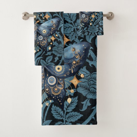 Mystieke Waterverf Blauwe en Gouden Nachtmot Bad Handdoek (Insitu)