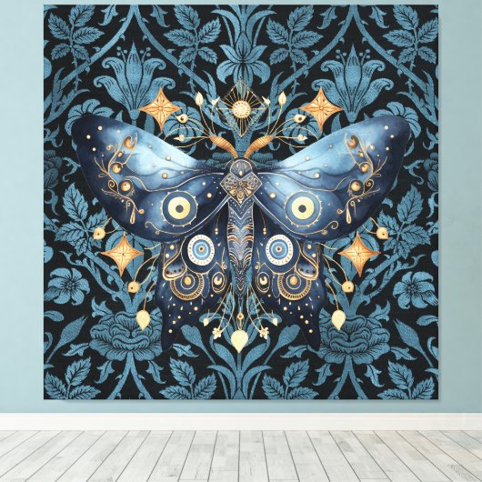 Mystieke Waterverf Blauwe en Gouden Nachtmot Canvas Afdruk (Insitu (Houten vloer))