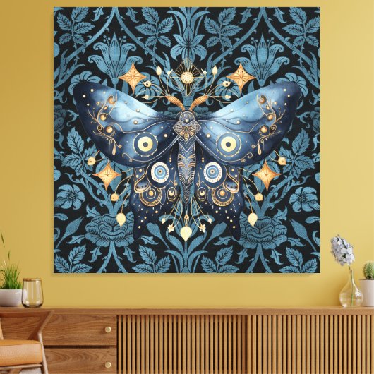 Mystieke Waterverf Blauwe en Gouden Nachtmot Canvas Afdruk (Insitu (Woonkamer))