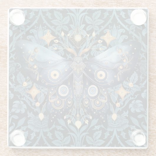 Mystieke Waterverf Blauwe en Gouden Nachtmot Glazen Onderzetter (Achterkant)