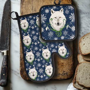 Mystieke Witte Arctische Wolf Winter Sneeuwklokje Ovenwant & Pannenlap Set