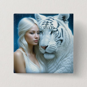 Mystieke witte tijger en vrouw vierkante button 5,1 cm