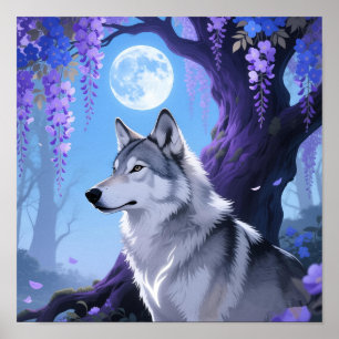 Mystieke Wolf en Wisteria Maan Fantasie Kunstprint Poster
