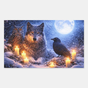 Mystieke Wolf Uil en Raaf tijdens Winterzonnewende Rechthoekige Sticker