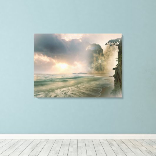 Mystieke Zonsondergang op Strand Ocean Cliff Scene Canvas Afdruk (Insitu (Houten vloer))