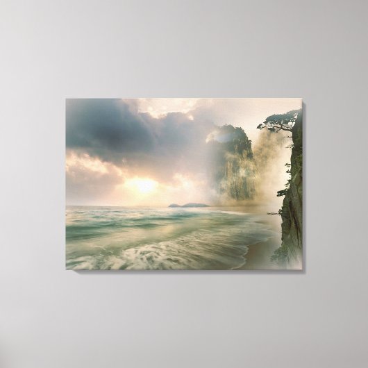 Mystieke Zonsondergang op Strand Ocean Cliff Scene Canvas Afdruk (Voorkant)