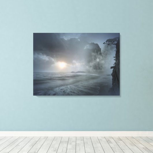 Mystieke Zonsondergang op Strand Ocean Cliff Scene Canvas Afdruk (Insitu (Houten vloer))