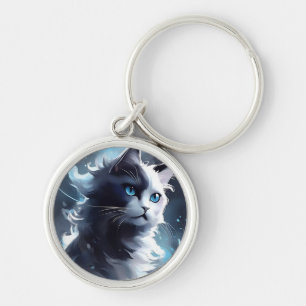 Mystieke zwart-wit kitten Waterverf Cat Sleutelhanger