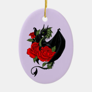 Mystieke Zwarte Draak Rode Rozen Lavendel Gotisch Keramisch Ornament