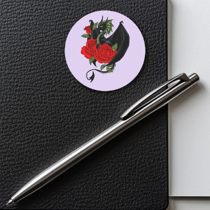 Mystieke Zwarte Draak Rode Rozen Lavendel Gotisch Ronde Sticker