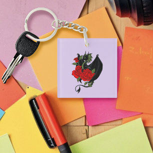 Mystieke Zwarte Draak Rode Rozen Lavendel Gotisch Sleutelhanger