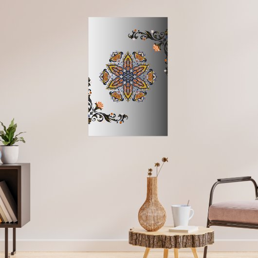 Mystieke Zwarte Gouden Bloemrijke Mandala Poster (Woonkamer 3)