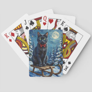 Mystieke Zwarte Kat Betoverde Winter Slede Kerstmi Pokerkaarten
