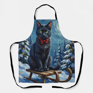 Mystieke Zwarte Kat Betoverde Winter Slede Kerstmi Schort