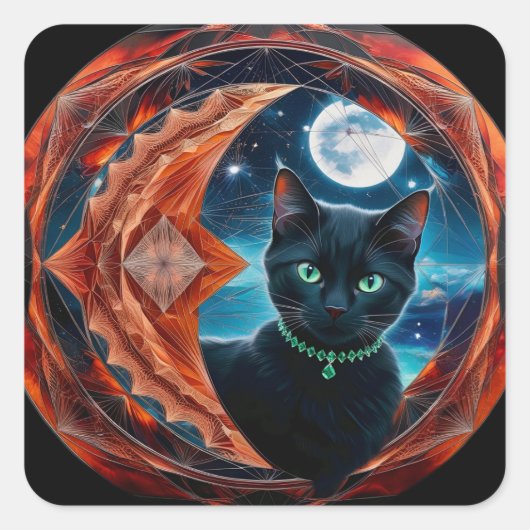 Mystieke Zwarte Kat Celestial Mandala Vierkante Sticker (Voorkant)