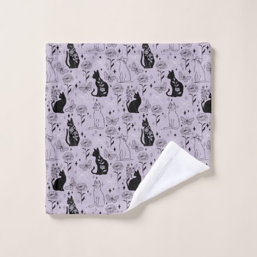 Mystieke zwarte kat en vlinderpatroon | hekserig bad handdoek (Wasdoekje)