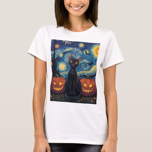 Mystieke Zwarte Kat Halloween Illustratie T-shirt (Voorkant)