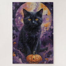 Mystieke Zwarte Kat Halloween Pompoenen Maanlicht