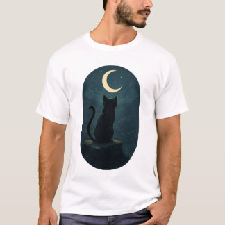 Mystieke zwarte kat onder de maansikkel t-shirt