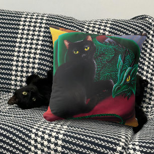 Mystieke Zwarte Kat Smaragdgroene Draak Fantasie Kussen